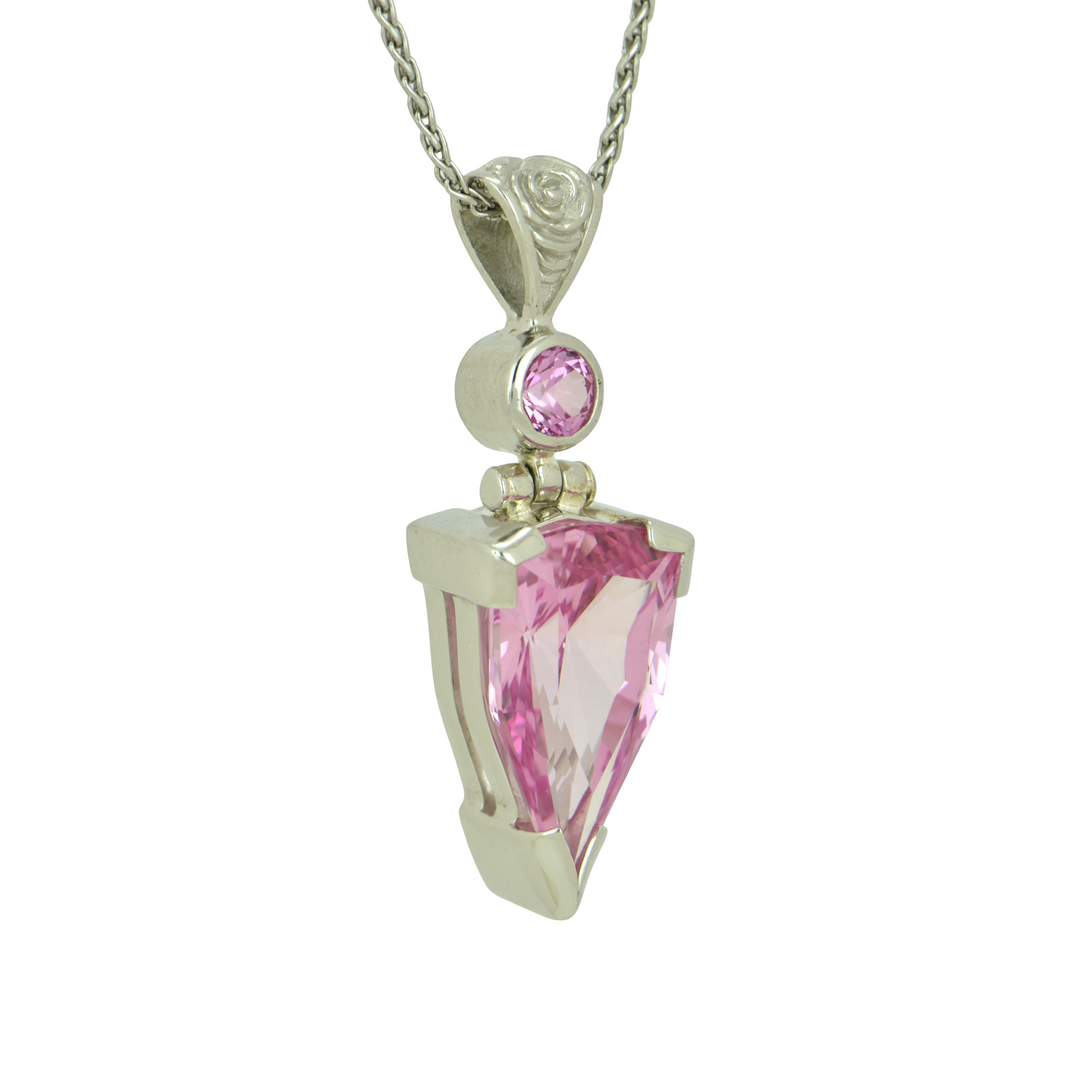 Trillion Imperial Pink Sapphire Pendant, set in Sterling Silver plated in White Rhodium