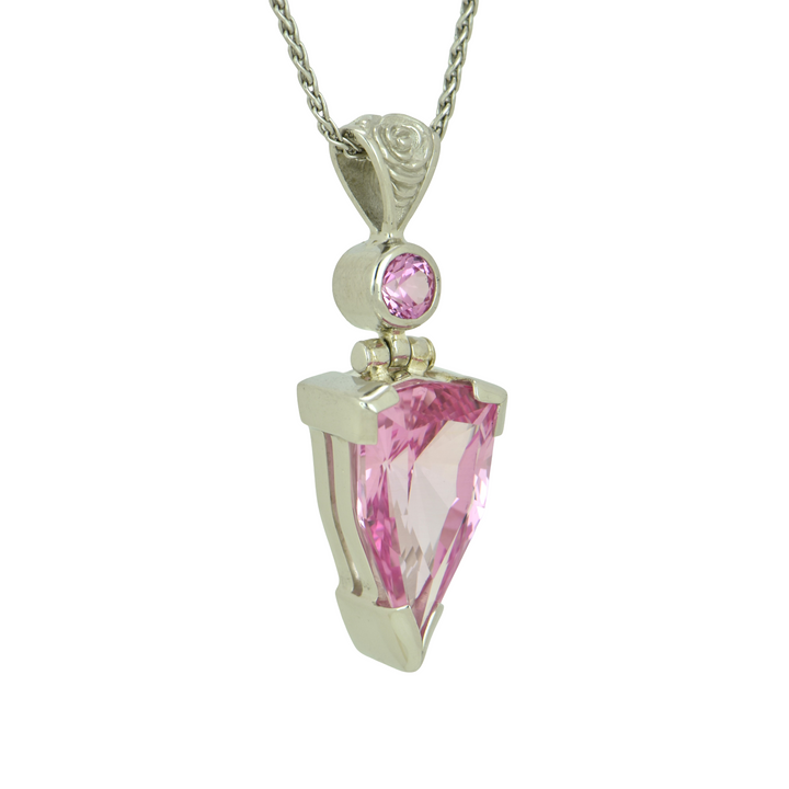 Trillion Imperial Pink Sapphire Pendant, set in Sterling Silver plated in White Rhodium