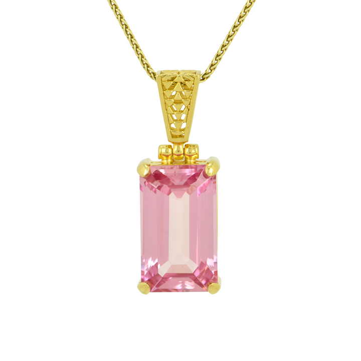 Emerald Cut Imperial Pink Sapphire Pendant, set in Sterling Silver plated in Yellow Gold