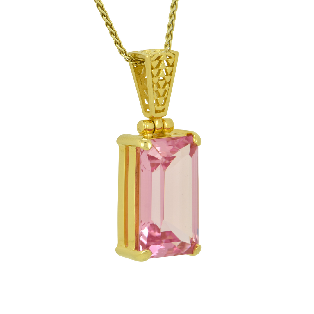 Emerald Cut Imperial Pink Sapphire Pendant, set in Sterling Silver plated in Yellow Gold