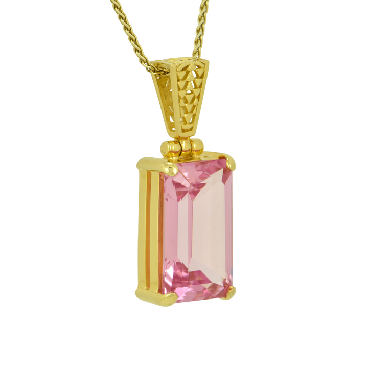 Emerald Cut Imperial Pink Sapphire Pendant, set in Sterling Silver plated in Yellow Gold