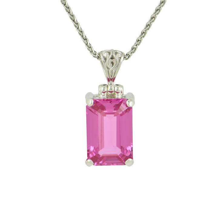 Emerald Cut Shasta Pink Sapphire Pendant, set in Sterling Silver plated in White Rhodium