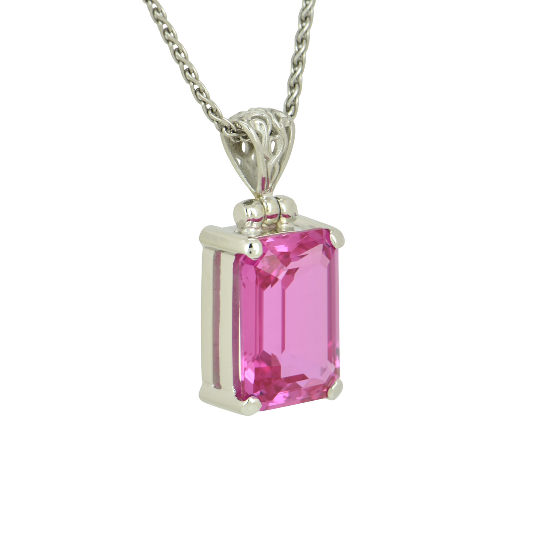 Emerald Cut Shasta Pink Sapphire Pendant, set in Sterling Silver plated in White Rhodium