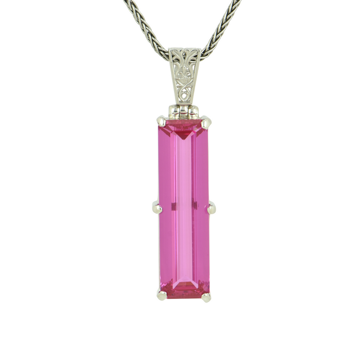 Emerald Cut Shasta Pink Sapphire Pendant, set in Sterling Silver plated in White Rhodium