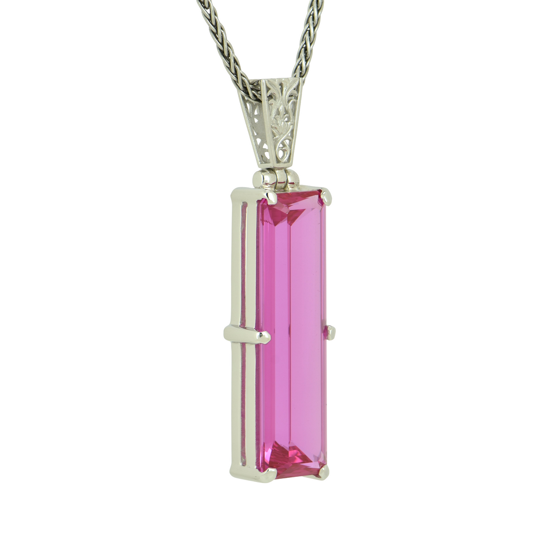 Emerald Cut Shasta Pink Sapphire Pendant, set in Sterling Silver plated in White Rhodium