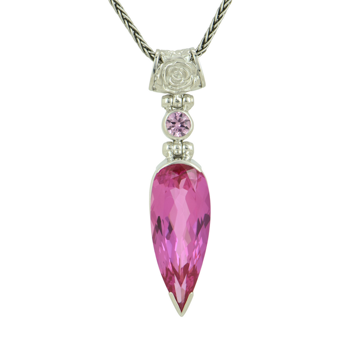 Pear Cut Shasta Pink Sapphire Pendant, set in Sterling Silver plated in White Rhodium