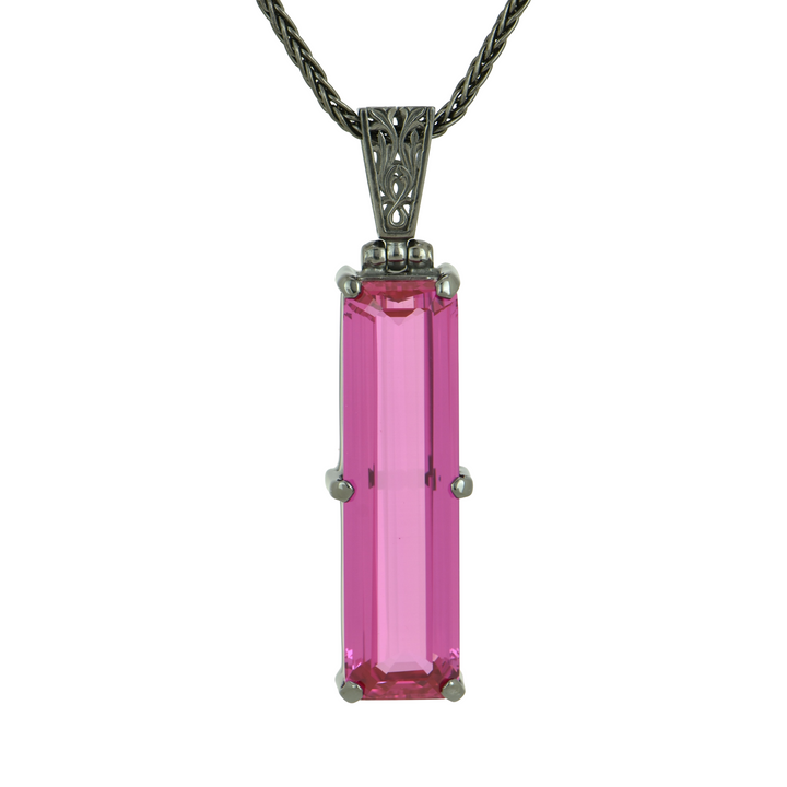 Emerald Cut Shasta Pink Sapphire Pendant, set in Sterling Silver plated in Black Rhodium