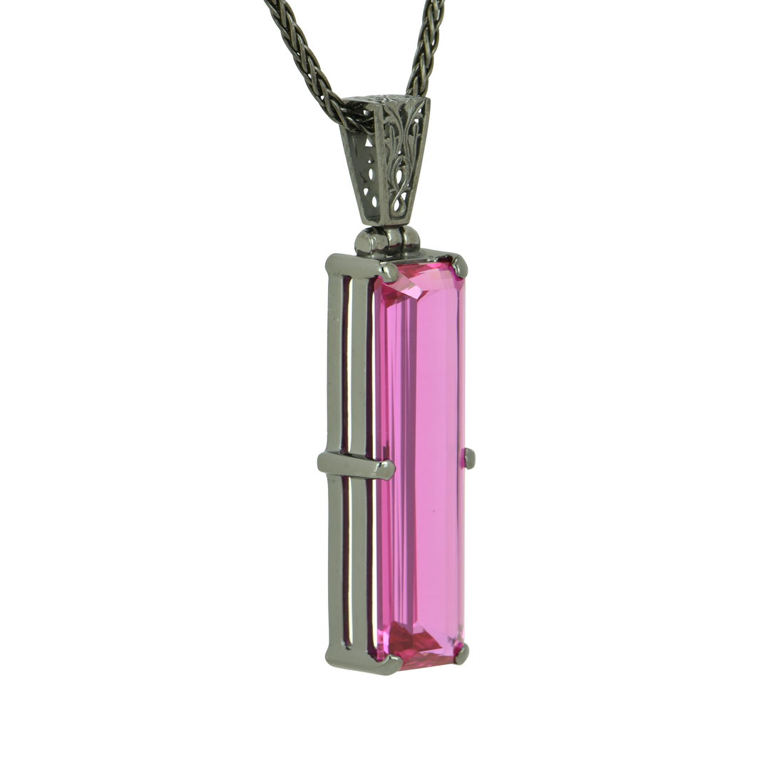 Emerald Cut Shasta Pink Sapphire Pendant, set in Sterling Silver plated in Black Rhodium