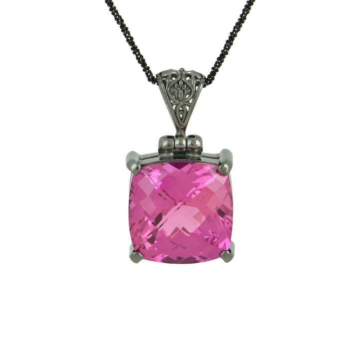 Cushion Cut Shasta Pink Sapphire Pendant, set in Sterling Silver plated in Black Rhodium