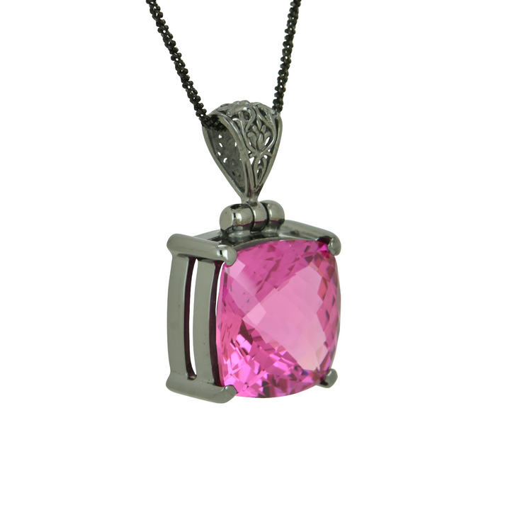 Cushion Cut Shasta Pink Sapphire Pendant, set in Sterling Silver plated in Black Rhodium
