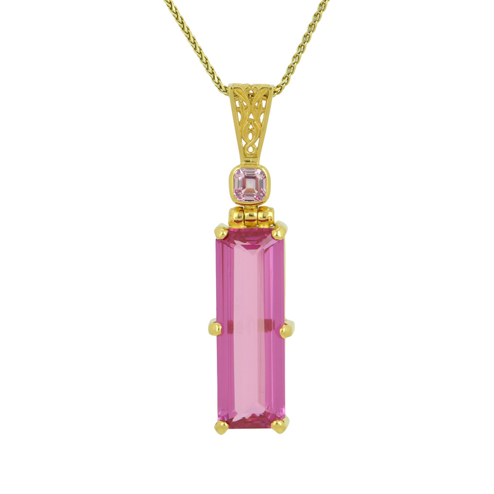 Emerald Cut Shasta Pink Sapphire Pendant, set in Sterling Silver plated in Yellow Gold
