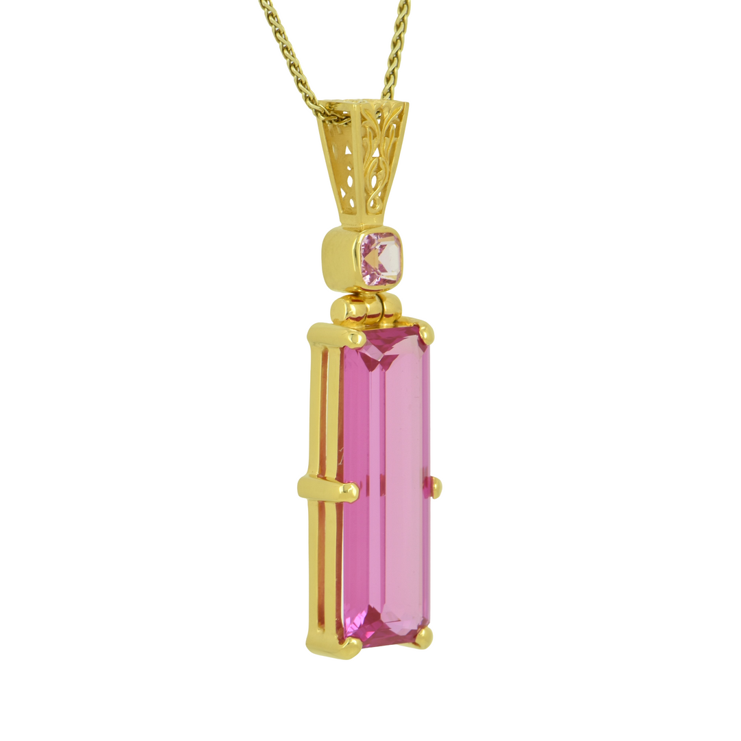 Emerald Cut Shasta Pink Sapphire Pendant, set in Sterling Silver plated in Yellow Gold