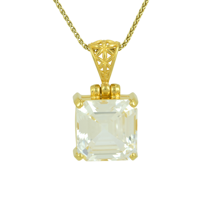 Cushion Cut White Sapphire Pendant, set in Sterling Silver plated in Yellow Gold