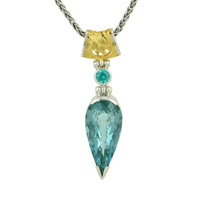 Pear Cut Paraiba Effect Spinel Pendant, set in Sterling Silver plated in White Rhodium