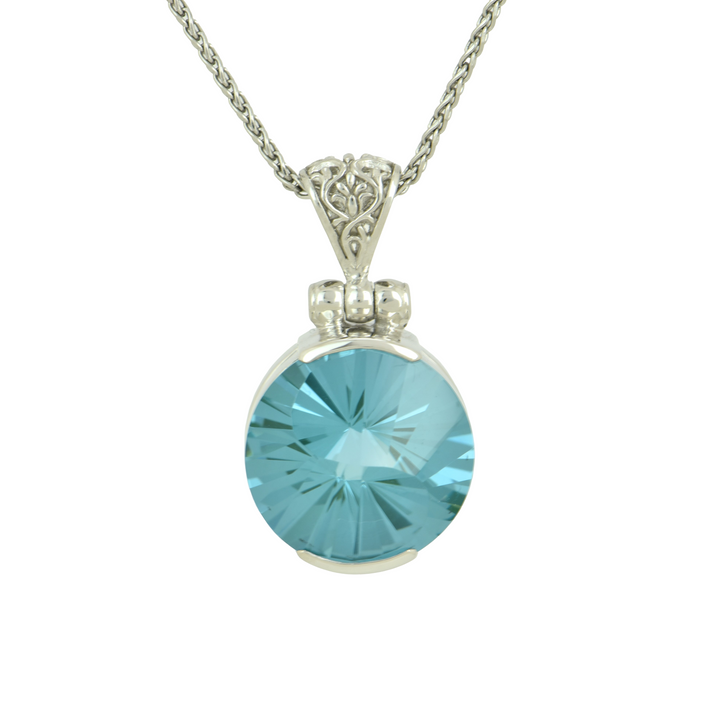 Round Paraiba Effect Spinel Pendant, set in Sterling Silver plated in White Rhodium
