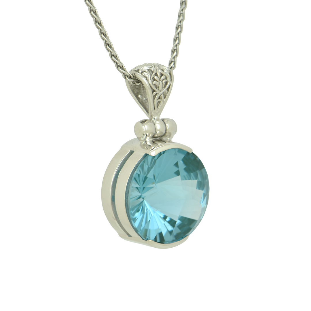 Round Paraiba Effect Spinel Pendant, set in Sterling Silver plated in White Rhodium