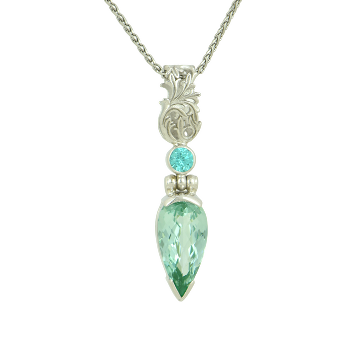 Pear Cut Paraiba Effect Spinel Pendant, set in Sterling Silver plated in White Rhodium