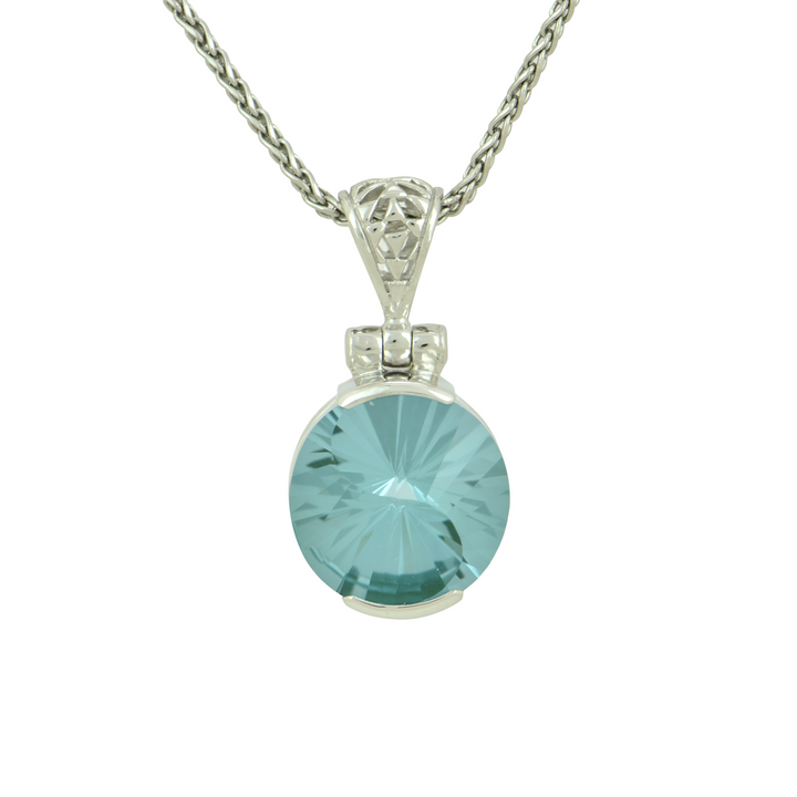 Round Paraiba Effect Spinel Pendant, set in Sterling Silver plated in White Rhodium