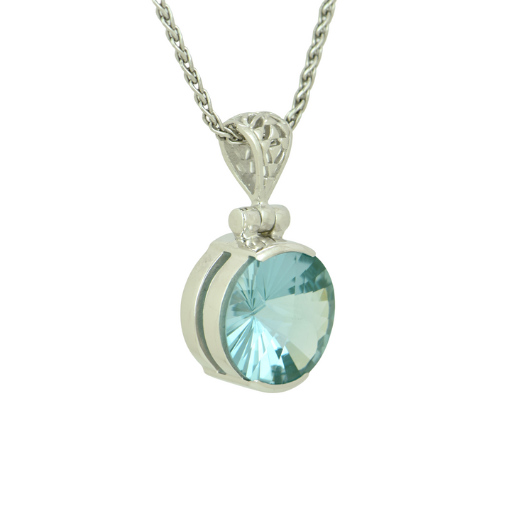 Round Paraiba Effect Spinel Pendant, set in Sterling Silver plated in White Rhodium