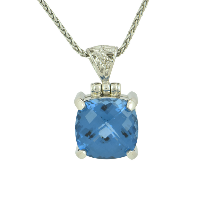 Cushion Cut Blue Green Spinel Pendant, set in Sterling Silver plated in White Rhodium