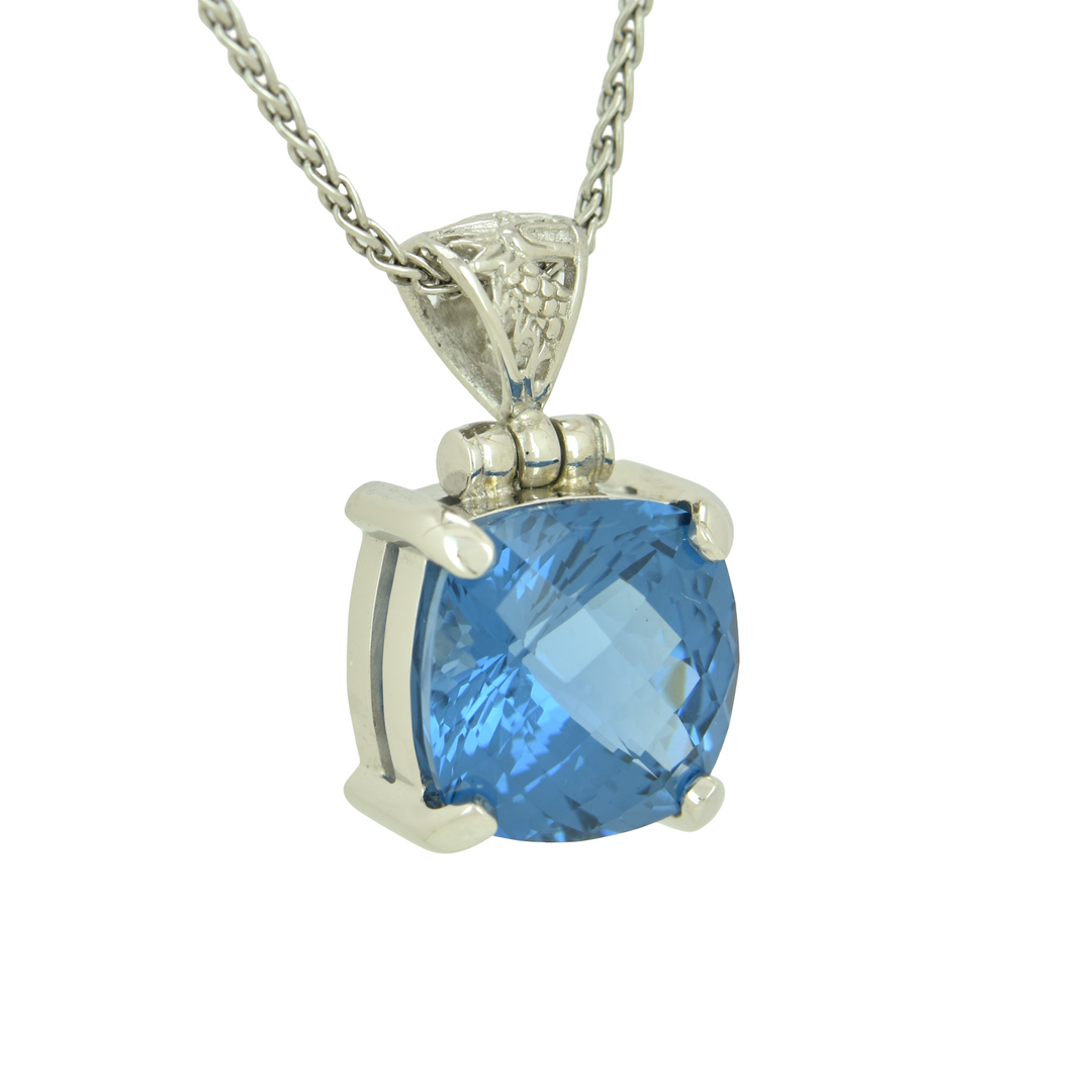 Cushion Cut Blue Green Spinel Pendant, set in Sterling Silver plated in White Rhodium