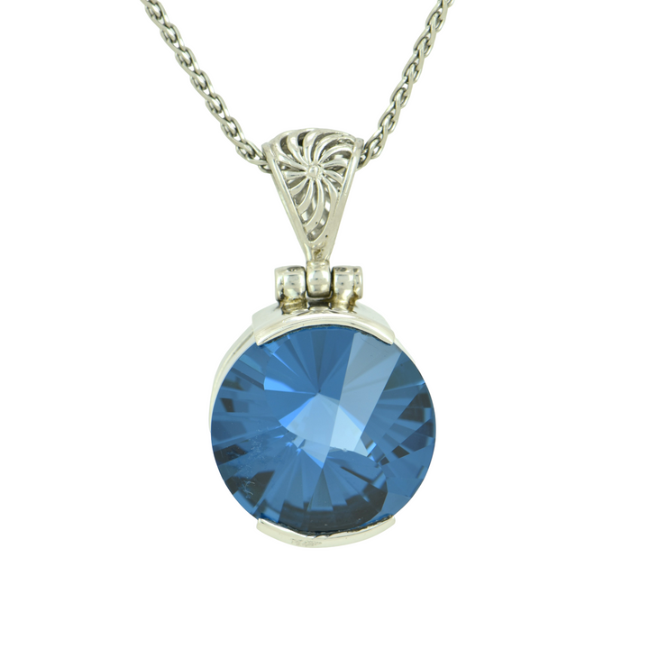 Round Blue Green Spinel Pendant, set in Sterling Silver plated in White Rhodium