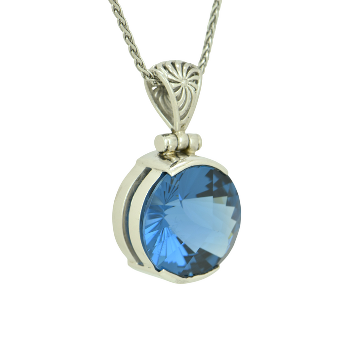 Round Blue Green Spinel Pendant, set in Sterling Silver plated in White Rhodium