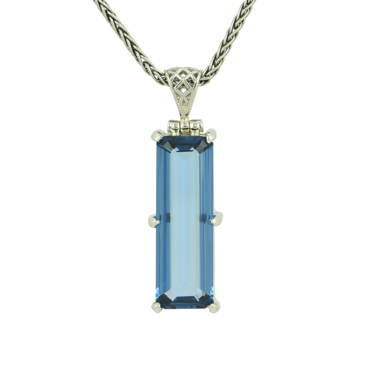 Emerald Cut Blue Green Spinel Pendant, set in Sterling Silver plated in White Rhodium