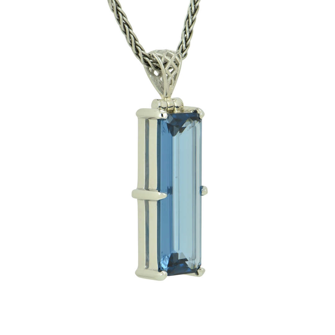 Emerald Cut Blue Green Spinel Pendant, set in Sterling Silver plated in White Rhodium