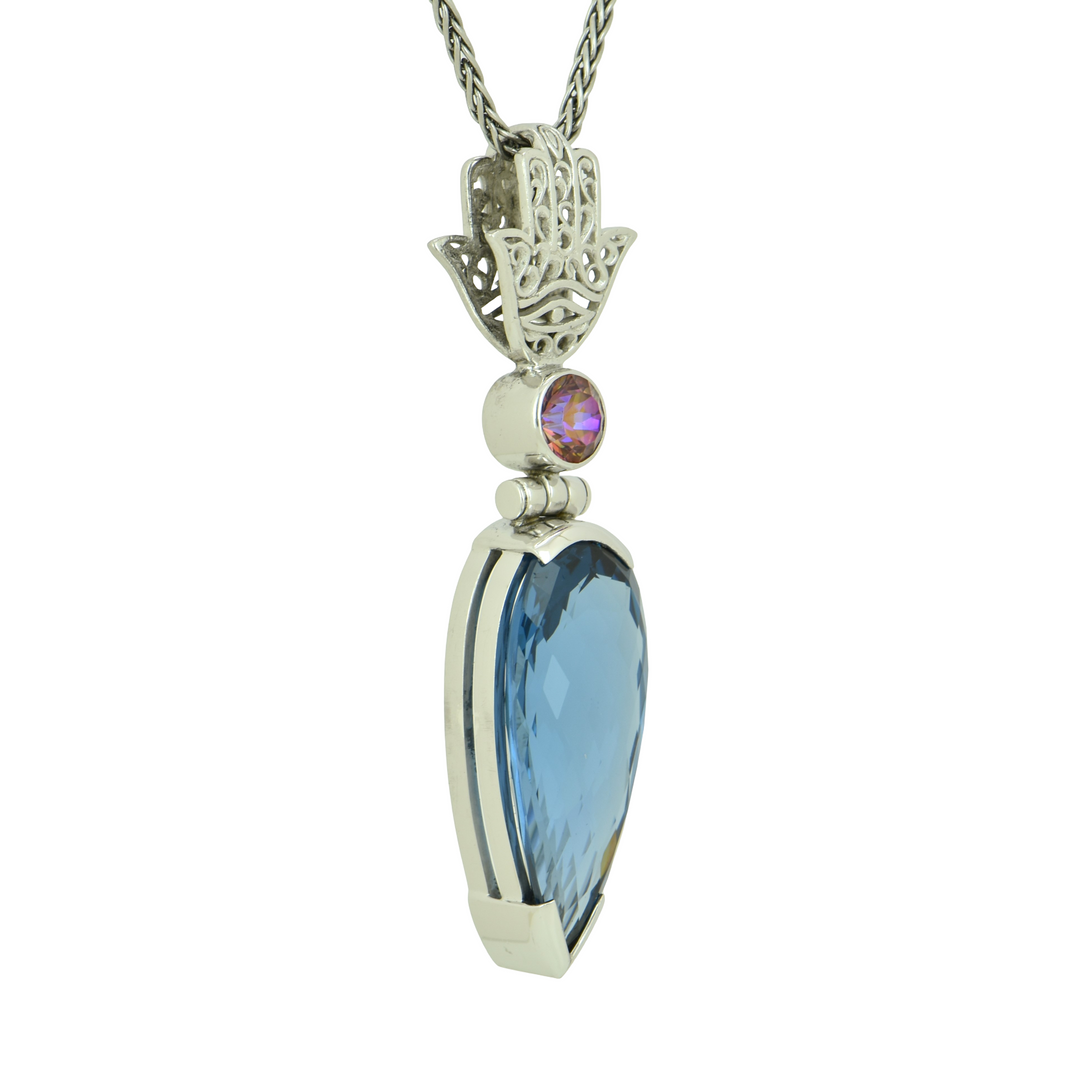 Pear Cut Blue Green Spinel Pendant, set in Sterling Silver plated in White Rhodium