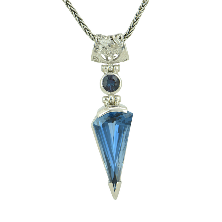 Fan Shape Blue Green Spinel Pendant, set in Sterling Silver plated in White Rhodium