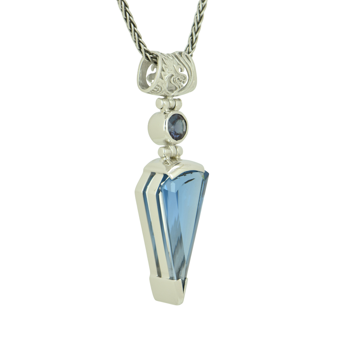 Fan Shape Blue Green Spinel Pendant, set in Sterling Silver plated in White Rhodium