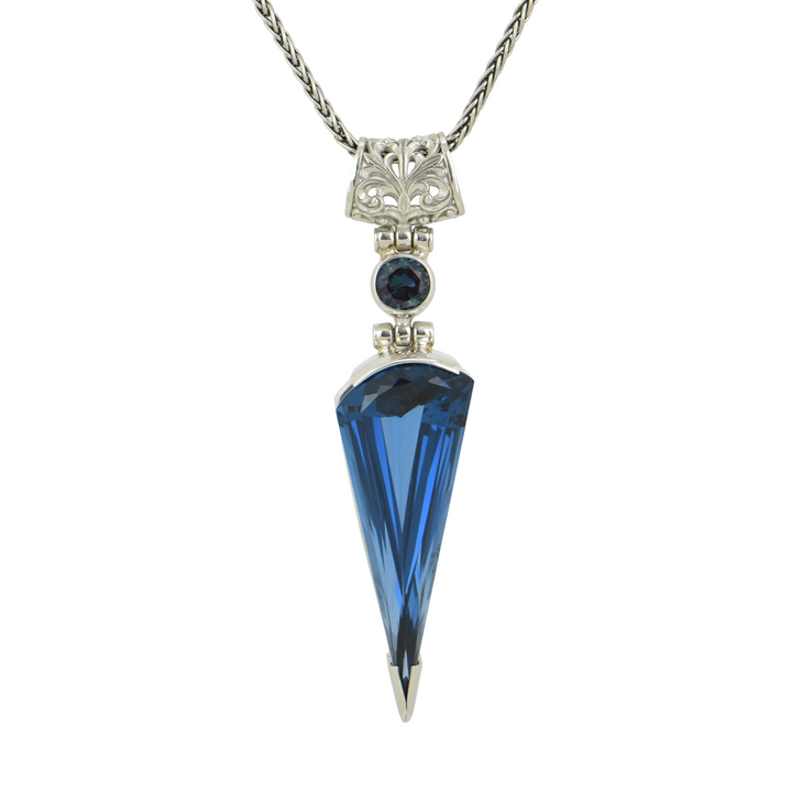 Fan Shape Blue Green Spinel Pendant, set in Sterling Silver plated in White Rhodium
