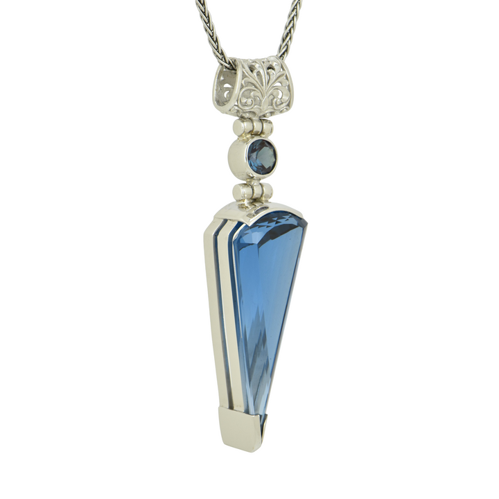 Fan Shape Blue Green Spinel Pendant, set in Sterling Silver plated in White Rhodium