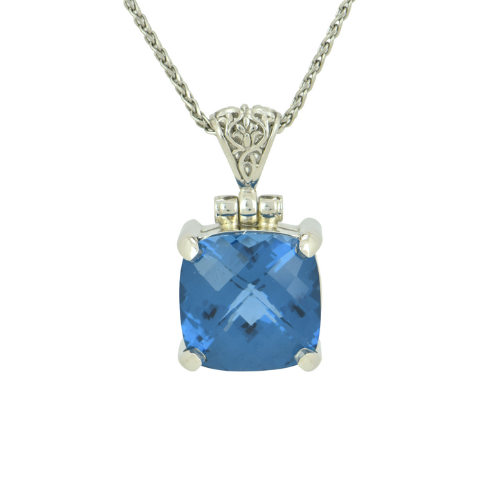Cushion Cut Blue Green Spinel Pendant, set in Sterling Silver plated in White Rhodium