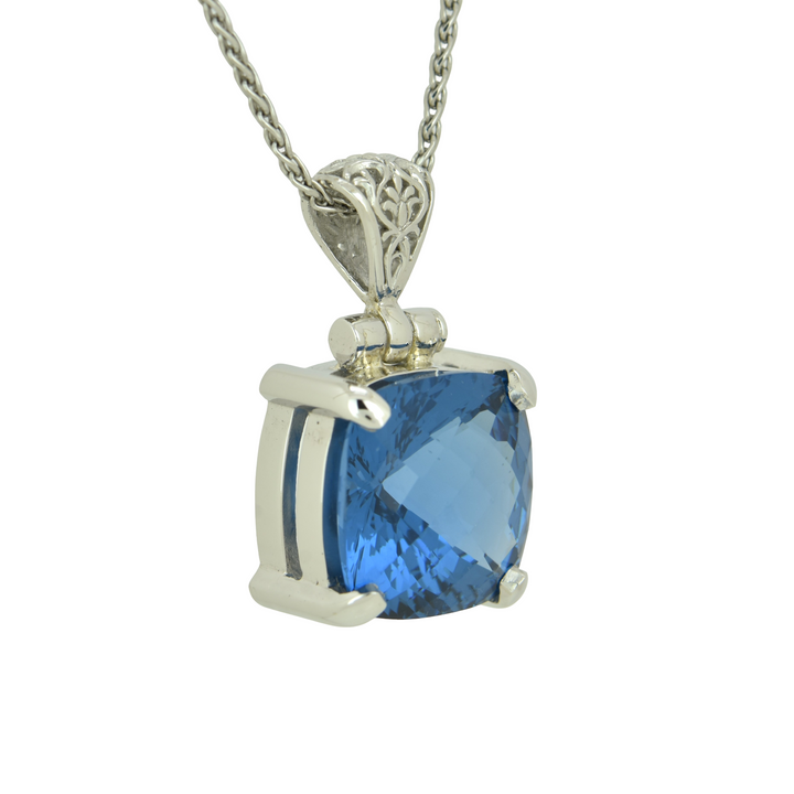 Cushion Cut Blue Green Spinel Pendant, set in Sterling Silver plated in White Rhodium