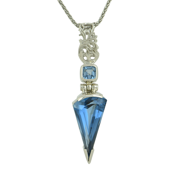 Fan Shape Blue Green Spinel, set in Sterling Silver plated in White Rhodium