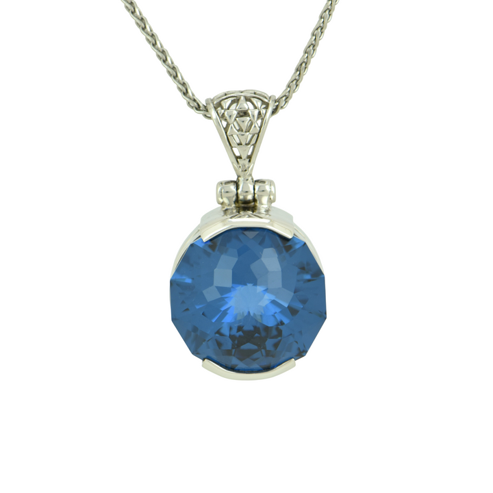 Round Blue Green Spinel Pendant, set in Sterling Silver plated in White Rhodium