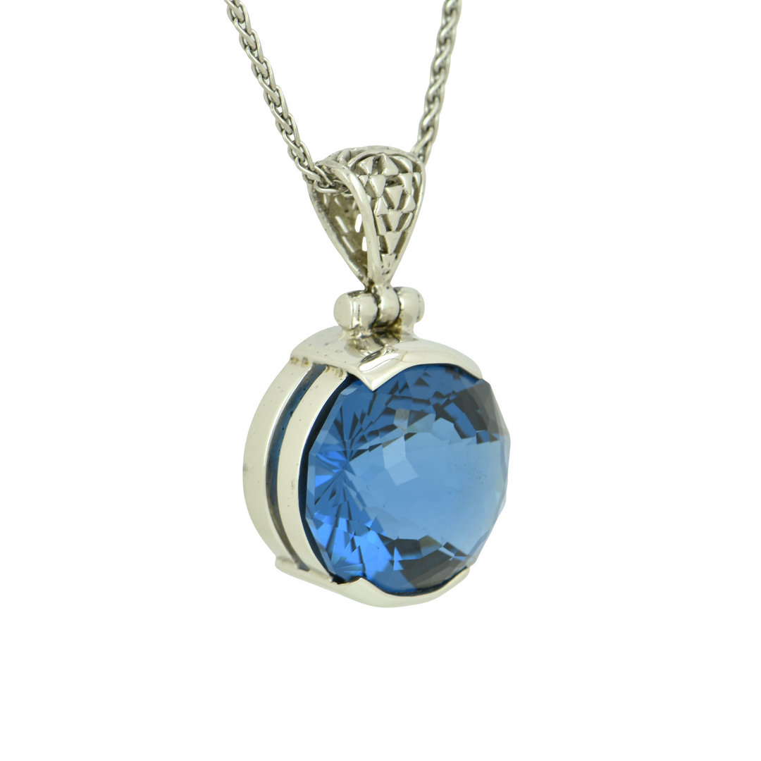 Round Blue Green Spinel Pendant, set in Sterling Silver plated in White Rhodium