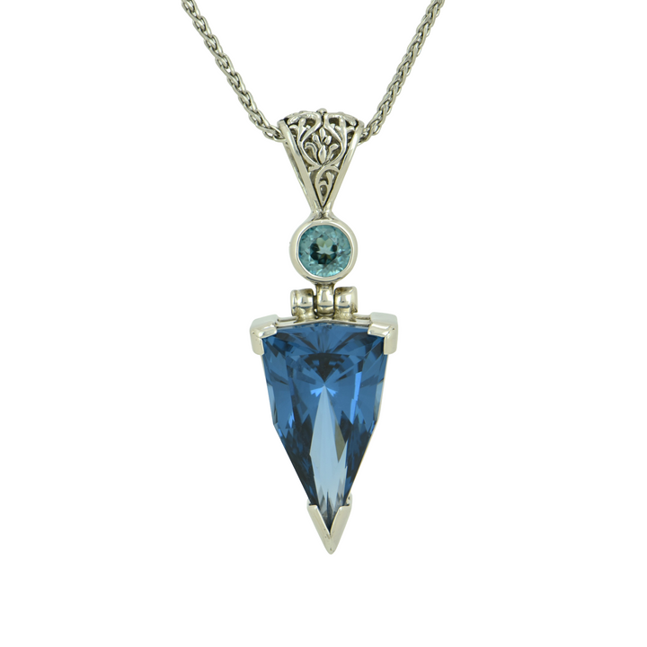 Trillion Blue Green Spinel Pendant, set in Sterling Silver plated in White Rhodium