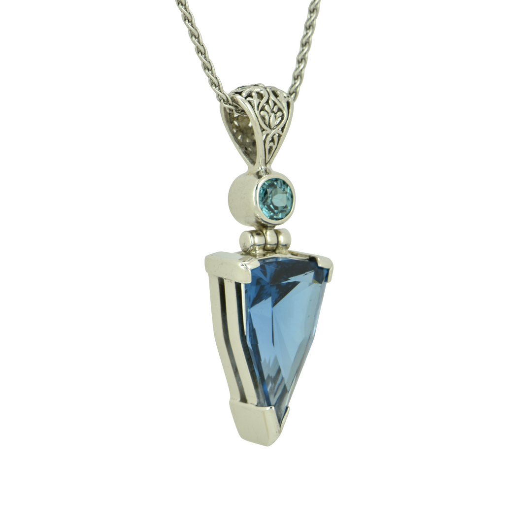 Trillion Blue Green Spinel Pendant, set in Sterling Silver plated in White Rhodium