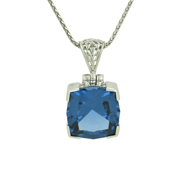 Cushion Cut Blue Green Spinel Pendant, set in Sterling Silver plated in White Rhodium