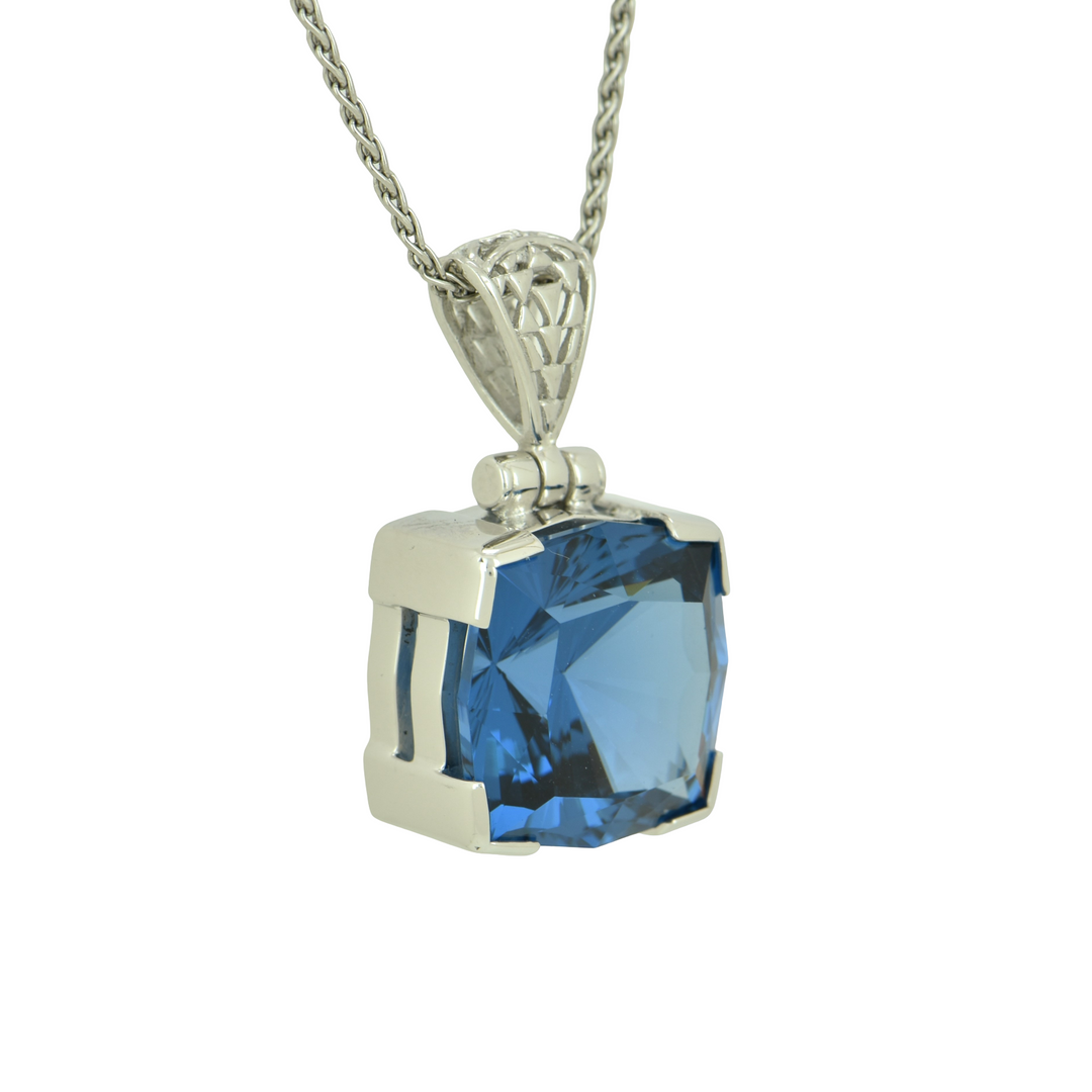 Cushion Cut Blue Green Spinel Pendant, set in Sterling Silver plated in White Rhodium