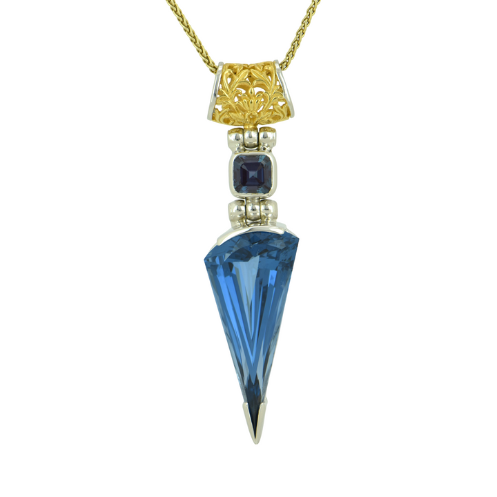 Fan Shape Blue Green Spinel Pendant, set in Sterling Silver plated in White Rhodium