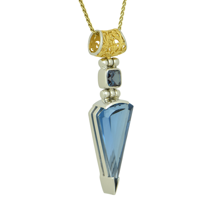 Fan Shape Blue Green Spinel Pendant, set in Sterling Silver plated in White Rhodium