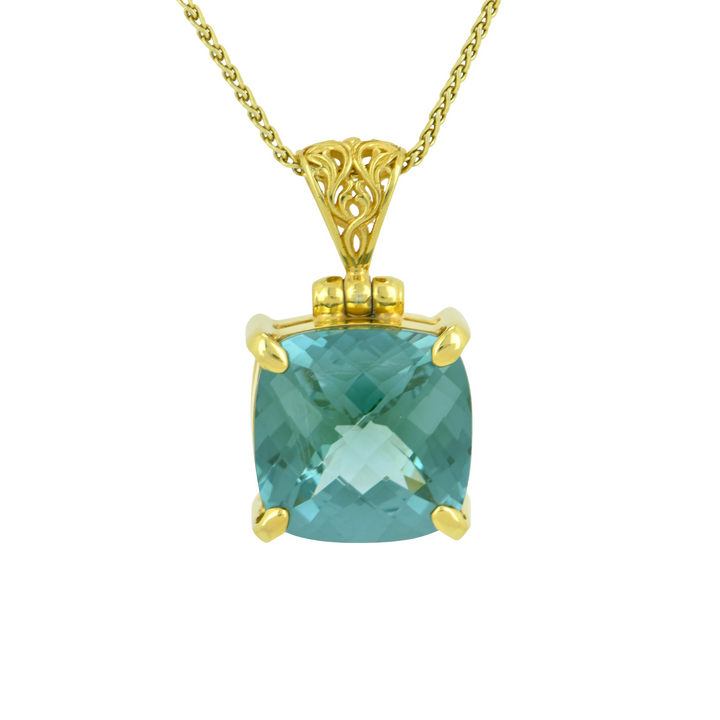 Cushion Cut Paraiba Effect Spinel Pendant, set in Sterling Silver plated in Yellow Gold