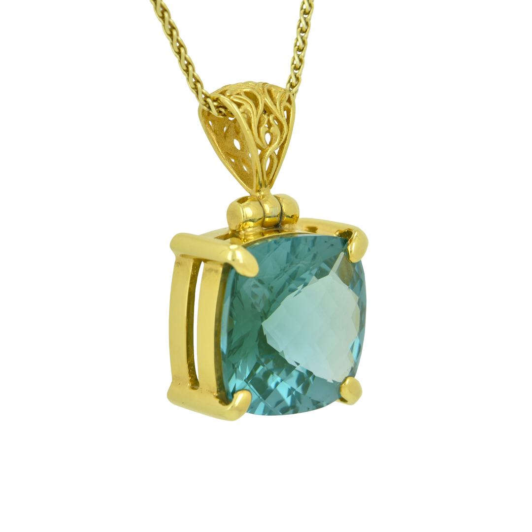 Cushion Cut Paraiba Effect Spinel Pendant, set in Sterling Silver plated in Yellow Gold