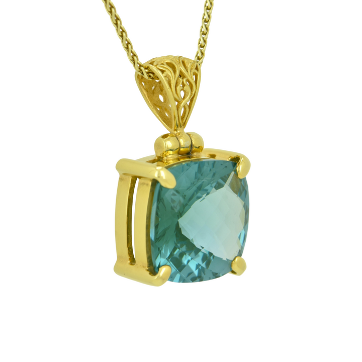 Cushion Cut Paraiba Effect Spinel Pendant, set in Sterling Silver plated in Yellow Gold