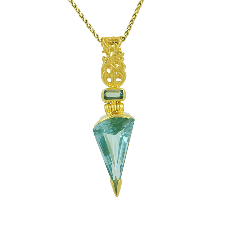 Fan Shape Paraiba Effect Spinel Pendant, set in Sterling Silver plated in Yellow Gold