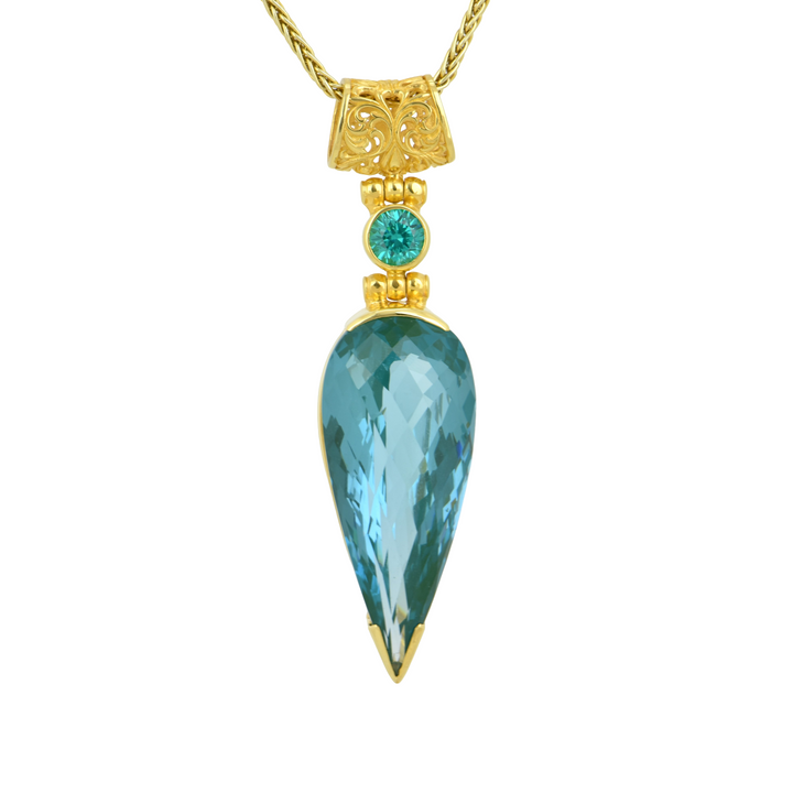Pear Cut Paraiba Effect Spinel Pendant, set in Sterling Silver plated in Yellow Gold